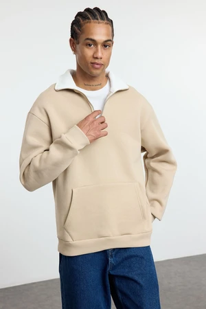 Trendyol Beige Oversize/Wide Cut Stand Collar Zippered Polar Fleece Inside/Warm Sweatshirt