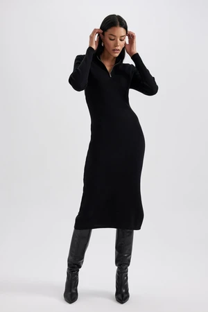 DEFACTO Fitted Zipper Collar Ribbed Long Sleeve Dress