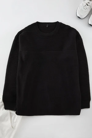 Trendyol Black Oversize Crew Neck Textured Knitwear Plus Size Sweater