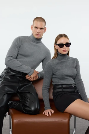 Trendyol Anthracite Couple Basic Turtleneck Knit Sweater