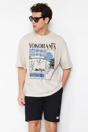 Trendyol Stone Oversize/Wide Cut Far East Printed 100% T-Shirt