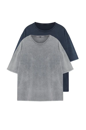 Trendyol Anthracite-Indigo Aged/Faded Effect 2-Pack Tshirt