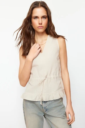 Trendyol Stone Woven V-Neck Tie Blouse