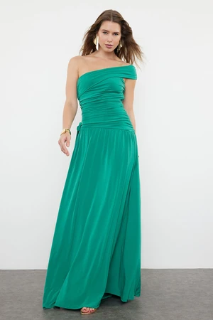 Trendyol Emerald Green Fitted Knitted Long Evening Dress