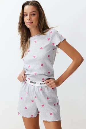 Trendyol Grey Melange Heart Slogan Printed Elastic Ribbed Knitted Pajama Set