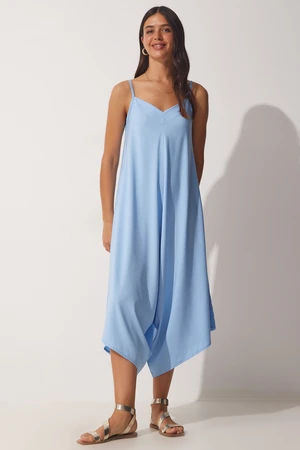 Happiness İstanbul Women's Sky Blue Straps Oversized, Flowy Baggy Overalls