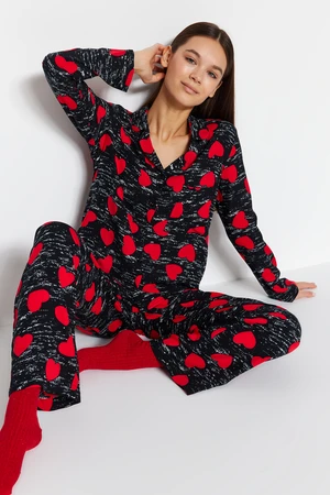 Trendyol Black Heart Viscose Shirt-Pants Woven Pajamas Set