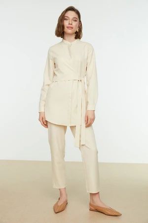 Trendyol Ecru Crimp Collar, Double Breasted, Tied Shirt-Pants, Woven Suit