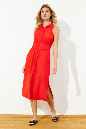 Trendyol Red Belted Midi Woven Shirt Dress