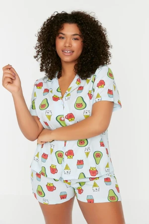 Trendyol Curve Blue Avocado Patterned Shirt Collar Knitted Pajama Set