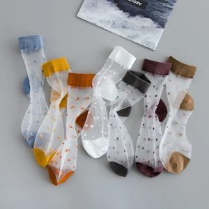 Transparent Cute Socks Ultra-Thin Glass Lace Silk Socks Women Harajuku Japanese Style Sox Girl Sweet Candy Color Thin Hosiery