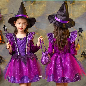 Kids Witch Costume Halloween Cosplay Dress Glittery Princess Dress With Hat For Girls Masquerade Carnival Party Dress Up Clothes