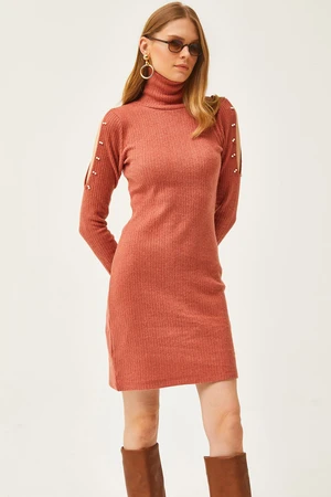 Olalook Women's Tile Decollete Decollete Bead Detailed Turtleneck Raised Dress