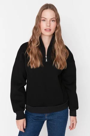 Trendyol Black Oversize/Wide Fit Zippered Stand-Up Collar Thick Inside Fleece Knitted Sweatshirt