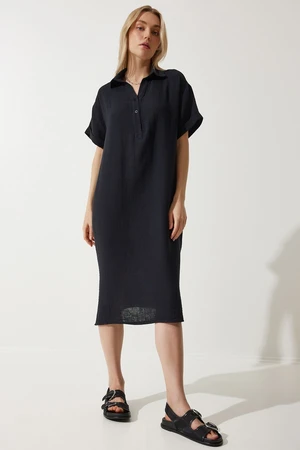 Happiness İstanbul Women's Black Polo Collar Summer Loose Muslin Dress