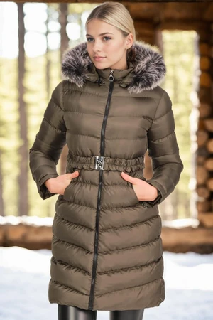 Z6690 DEWBERRY FUR HOODED LADIES' COAT-PLAIN KHAKI