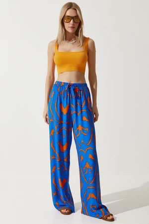 Happiness İstanbul Women's Vibrant Blue Orange Patterned Flowing Viscose Palazzo Trousers