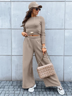 Women's set of wide trousers and crop top with long sleeves ASTRAL ALLURE dark beige Dstreet