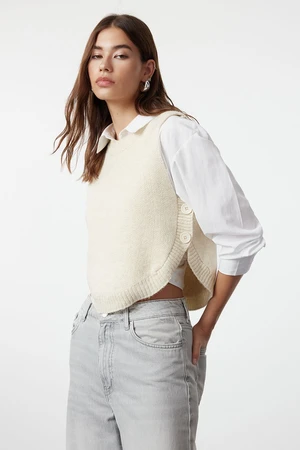 Trendyol Stone Soft Texture Crop Buttoned Knit Sweater