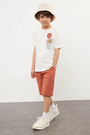 Trendyol White Boy's Back Printed Short Sleeve T-shirt Shorts Set Cotton Knitted Bottom-Top Set