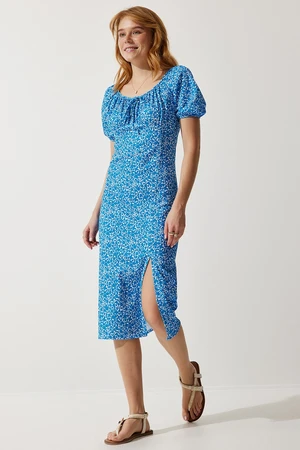 Happiness İstanbul Women's Blue Patterned Gathered Knitted Dress