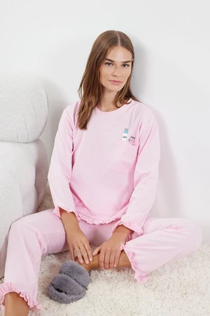 Trendyol Light Pink Printed Pocket and Ruffle Detailed Knitted Pajama Set