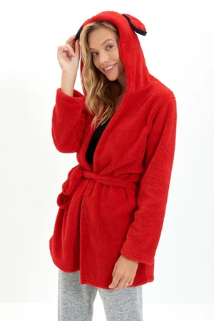 Trendyol Red Ear and Back Embroidery Detailed Plush/Wellsoft Knitted Dressing Gown