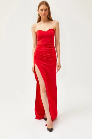 Olalook Women's Red Deep Slit Strapless Long Dress