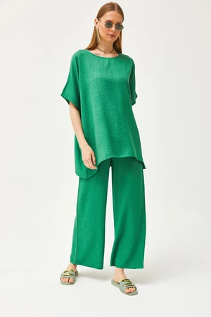 Olalook Women's Green Top Loose Blouse Bottom Pocket Palazzo Linen Content Suit