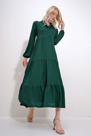 Trend Alaçatı Stili Women's Emerald Green High Collar Buttoned Front Layered Flounced Crinkle Dress