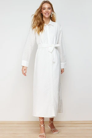 Trendyol White Floral Belted Brode Lined Woven Shirt Dress