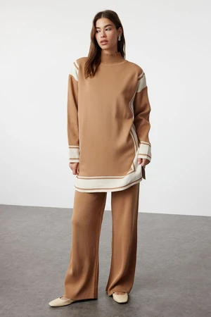 Trendyol Camel Relaxed Cut Knitwear Striped Tunic-Pants Bottom-Top Set