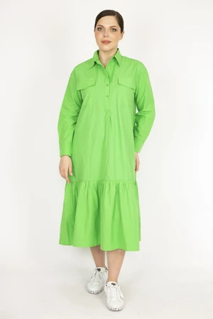 Şans Women's Green Plus Size Front Pat Buttoned Chest Pocket Tiered Hem Dress