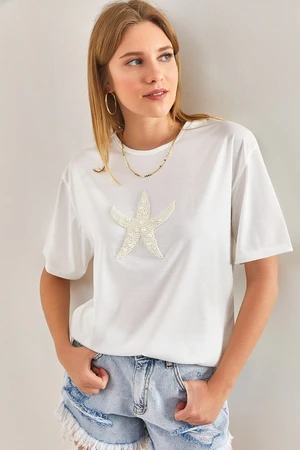 Bianco Lucci Women's Ecru Star Pearl Stone Embroidered Organic Cotton Combed Cotton T-shirt