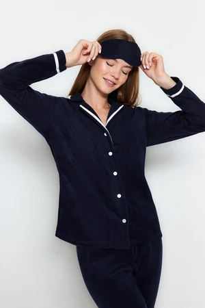 Trendyol Navy Blue Piping Detailed Sleeping Banded Fleece Thick Winter Knitted Pajamas Set