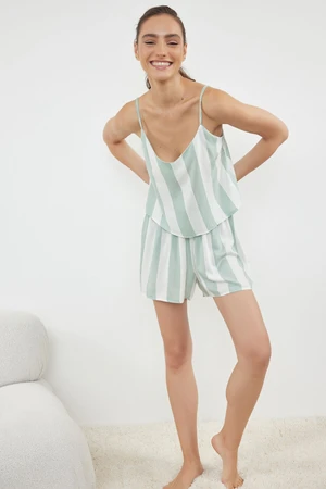 Trendyol Mint-Ecru Striped Rope Strap Viscose Woven Pajama Set