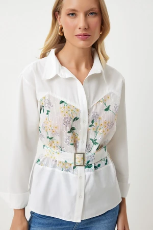 Happiness İstanbul Women's Ecru Yellow Floral Embroidery Detailed Woven Shirt