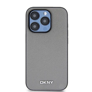 Zadní kryt DKNY PU Leather Silver Metal Logo Magsafe pro Apple iPhone 15 Pro Max, šedá