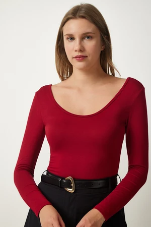 Happiness İstanbul Women's Burgundy Wide U Neck Viscose Knitted Blouse