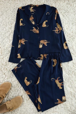 Trendyol Navy Blue Tiger Patterned Viscose Woven Pajama Set