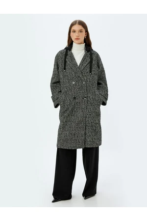 Koton Detachable Hooded Pocket Reverse Collar Buttoned Long Double Breasted Coat