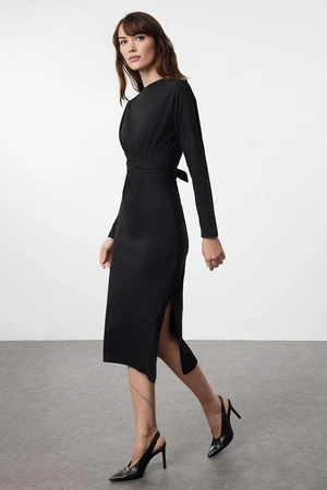 Trendyol Black 100% Cotton Tie Detailed Bodycon Midi Knit Dress