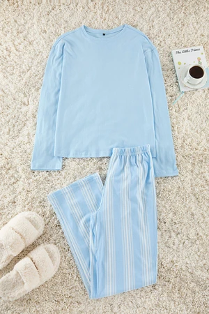 Trendyol Blue 100% Cotton Striped Knitted Pajama Set