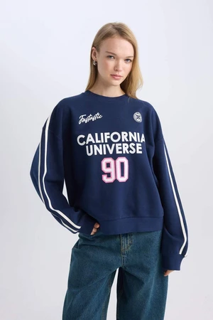 DEFACTO Women's Navy Blue Cool Oversize Fit Wide Pattern Crew Neck Back Printed Thick Sweatshirt