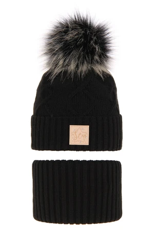 AGBO Girl's winter set: hat and tube scarf black Dina with pompom