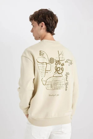 DEFACTO Men's Beige Boxy Fit Crew Neck Back Printed Sweatshirt