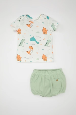 DEFACTO Baby Boy Dinosaur Patterned Short Sleeve T-Shirt Shorts Waffle 2-Piece Set