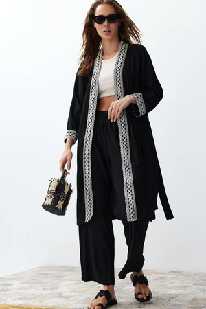 Trendyol Black Embroidered Detailed Belted Kimono Trousers Woven Bottom-Top Set