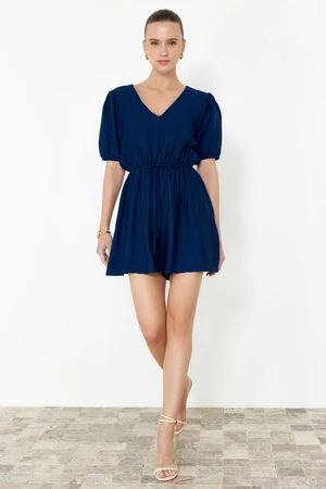 Trendyol Navy Blue Elastic Waist V-Neck Linen Look Mini Woven Jumpsuit