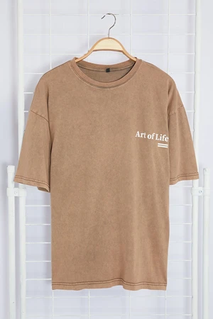 Trendyol Brown Oversize/Wide Cut Faded Effect Text Printed 100% Cotton T-Shirt